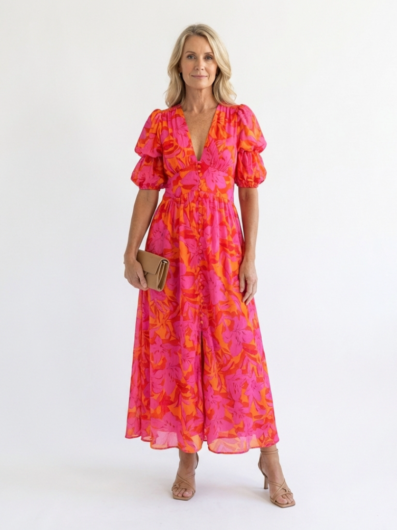 Women's pink floral midi dress with V-neck and short puff sleeves