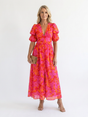 Women's pink floral midi dress with V-neck and short puff sleeves