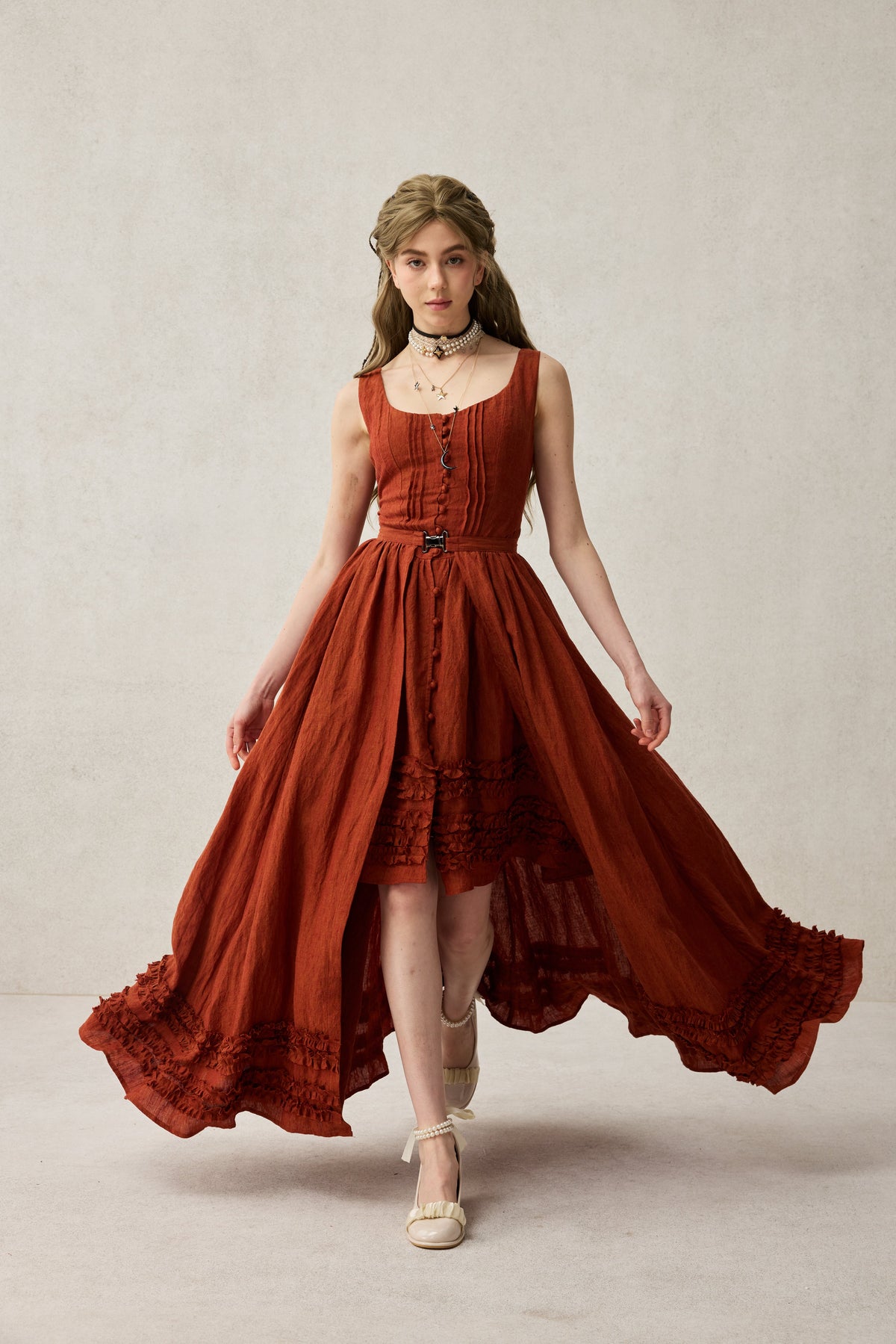 Women's sleeveless ruffled two-piece dress and skirt set with square neckline