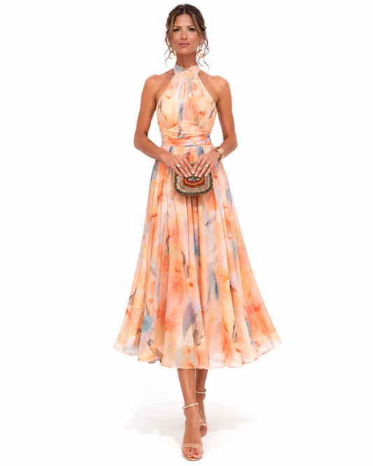 Women's multicoloured watercolour halter midi dress with a full flared skirt