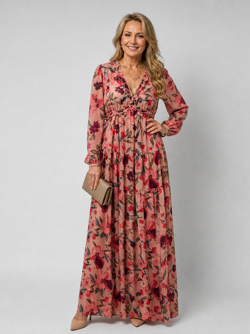 Women's floral tiered maxi dress with V-neckline and long sleeves