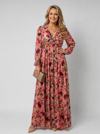 Women's floral tiered maxi dress with V-neckline and long sleeves