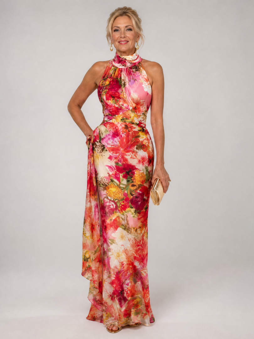 Women's multicoloured floral halter maxi dress with draped skirt