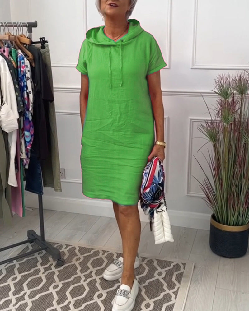 Women's short-sleeved hooded casual dress with front pouch pocket