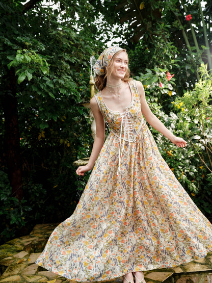 Women's sleeveless lace-up jacquard maxi dress with a fitted corset bodice and flowing skirt