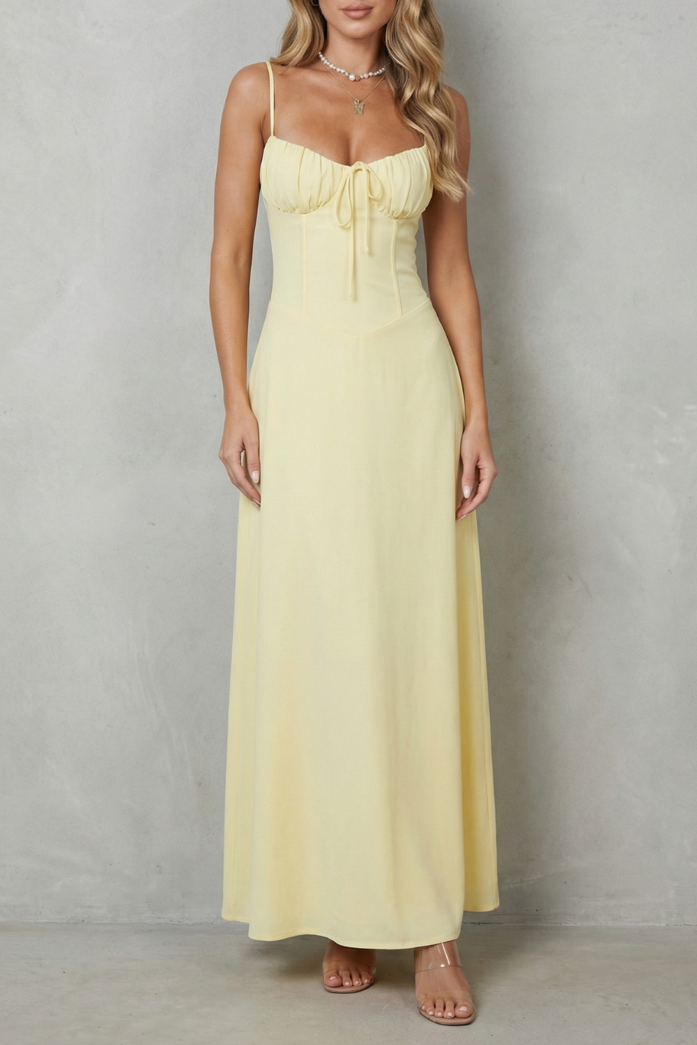 Women's sleeveless corset maxi dress with ruched cups and tie front