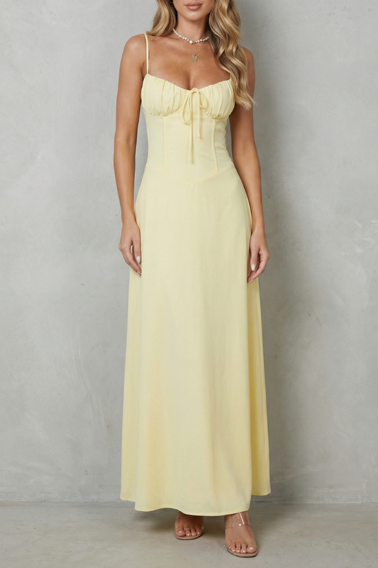 Women's sleeveless corset maxi dress with ruched cups and tie front