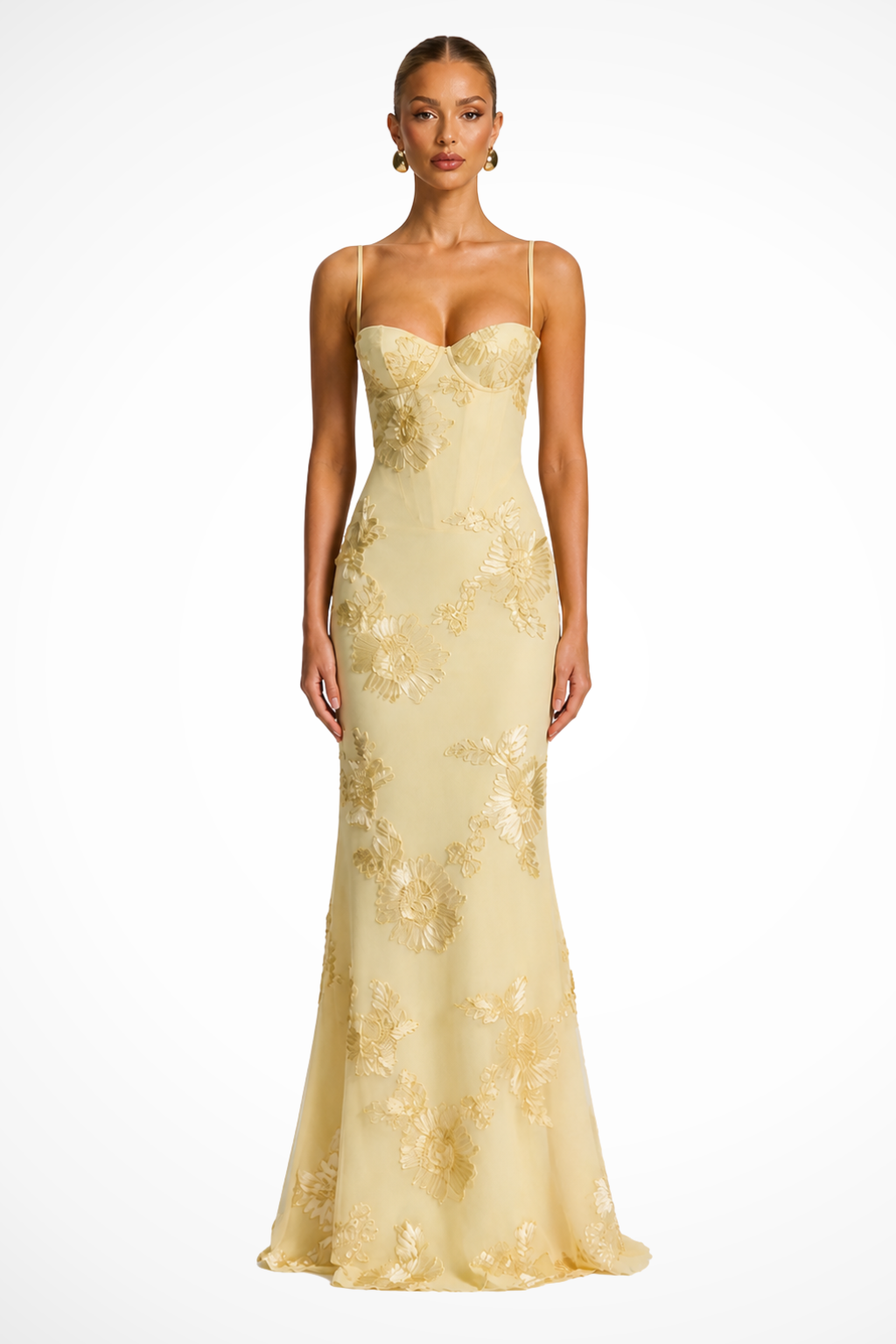 Vestido largo con corsé y bordado de flores de mujer con tirantes finos
