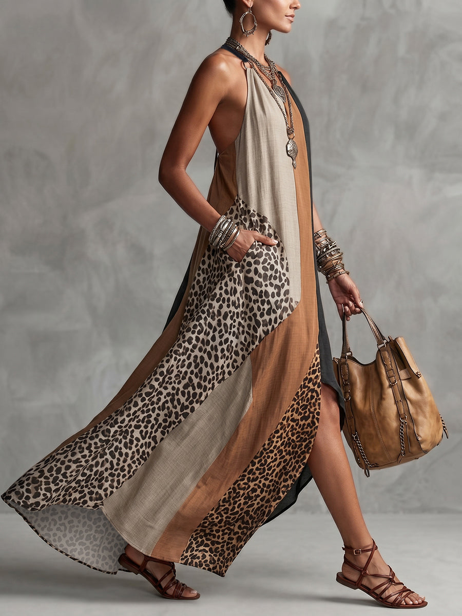 Vestido largo con cuello halter y paneles de leopardo de mujer, sin mangas y asimétrico