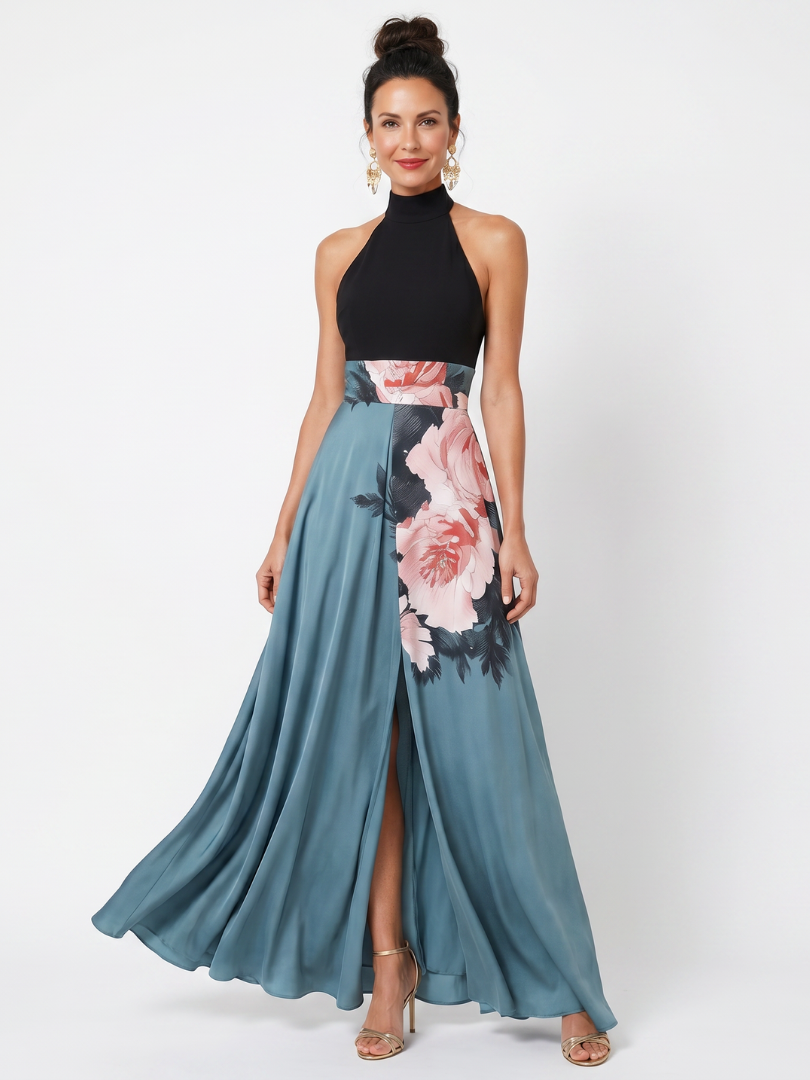 Women's floral halter maxi dress with sleeveless bodice and flowing split skirt