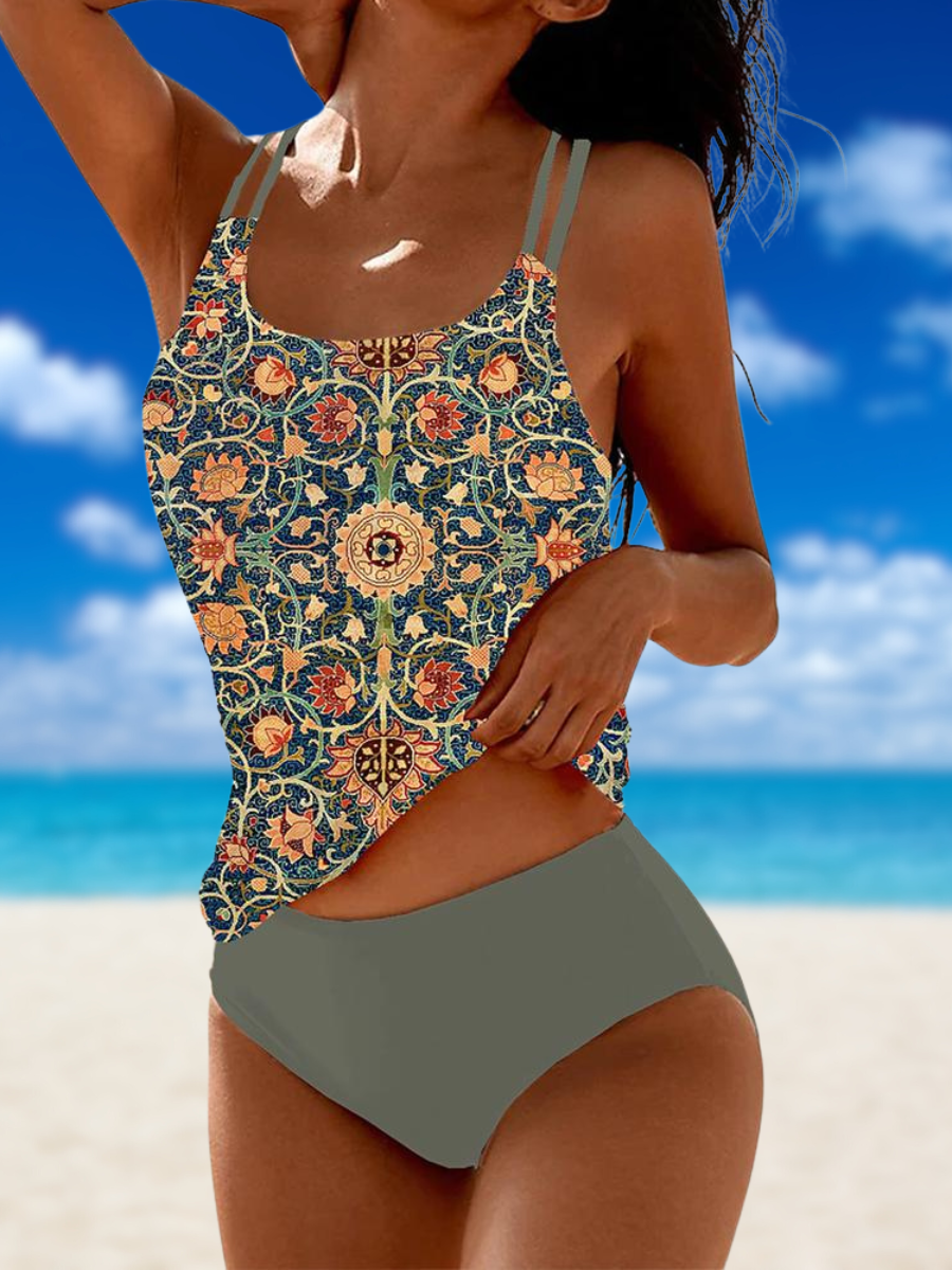 Women's olive floral tankini swimwear set with high-waisted briefs