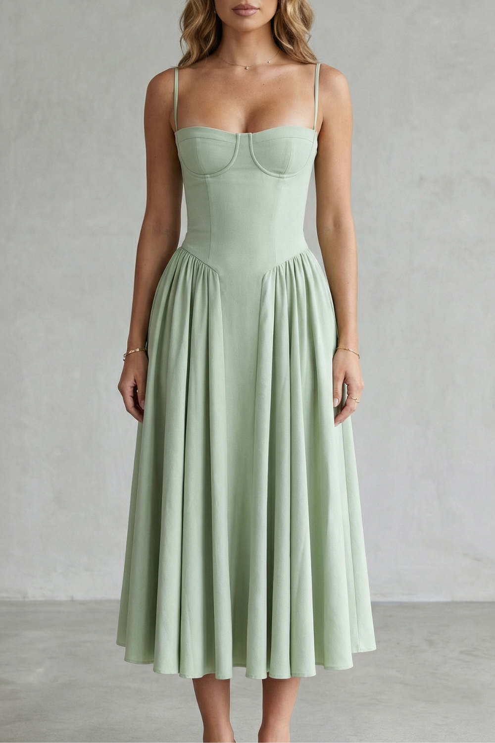 Women's structured midi dress with corset bodice, spaghetti straps and full gathered skirt