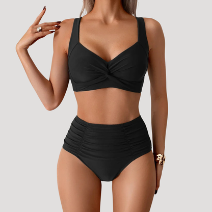 Women's ruched high waist bikini set with V-neck twist-front top