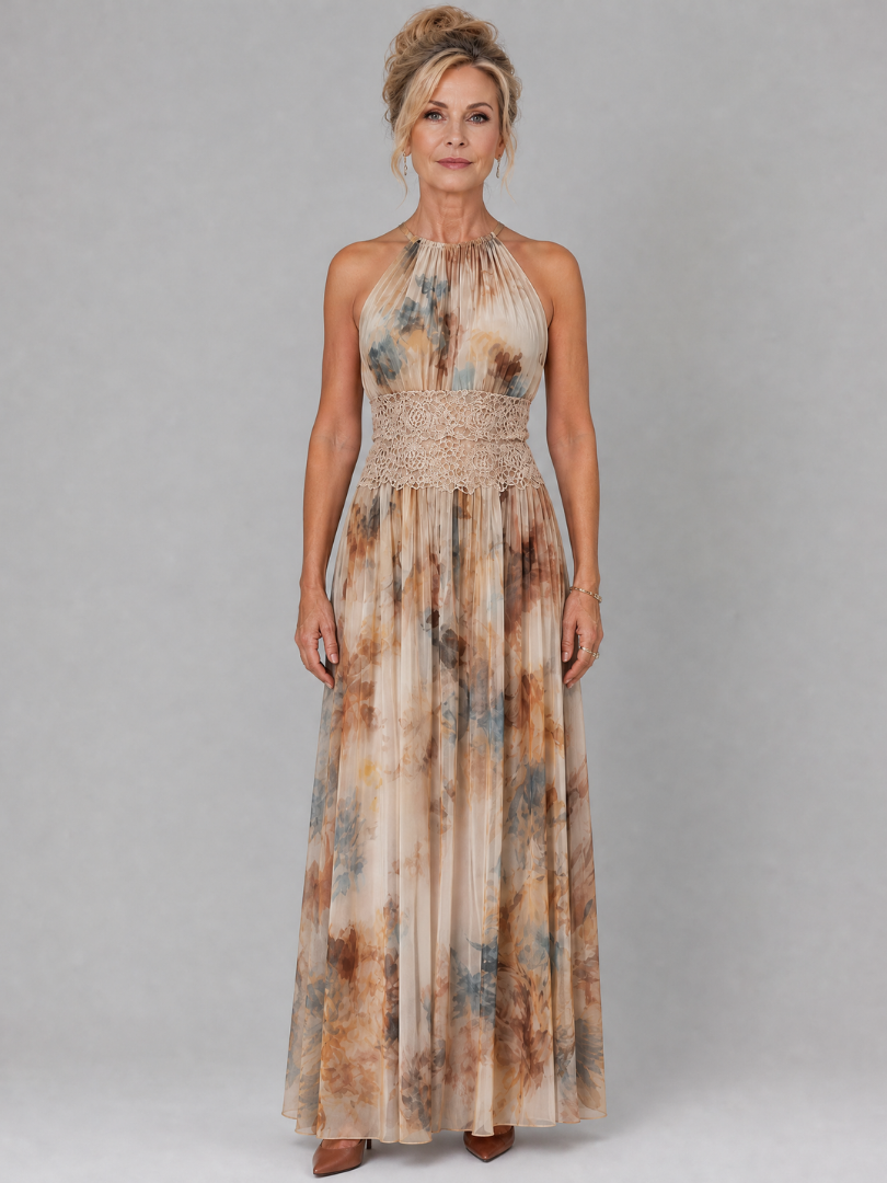 Vestido largo de flores de mujer con cuello halter y cintura de encaje, sin mangas