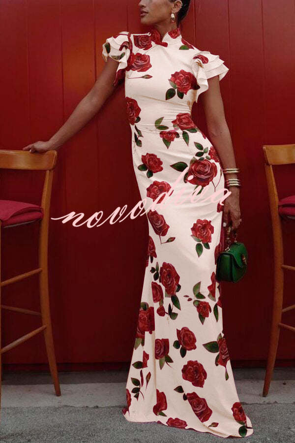 Floral cheongsam-style maxi dress with mandarin collar and layered flare sleeves