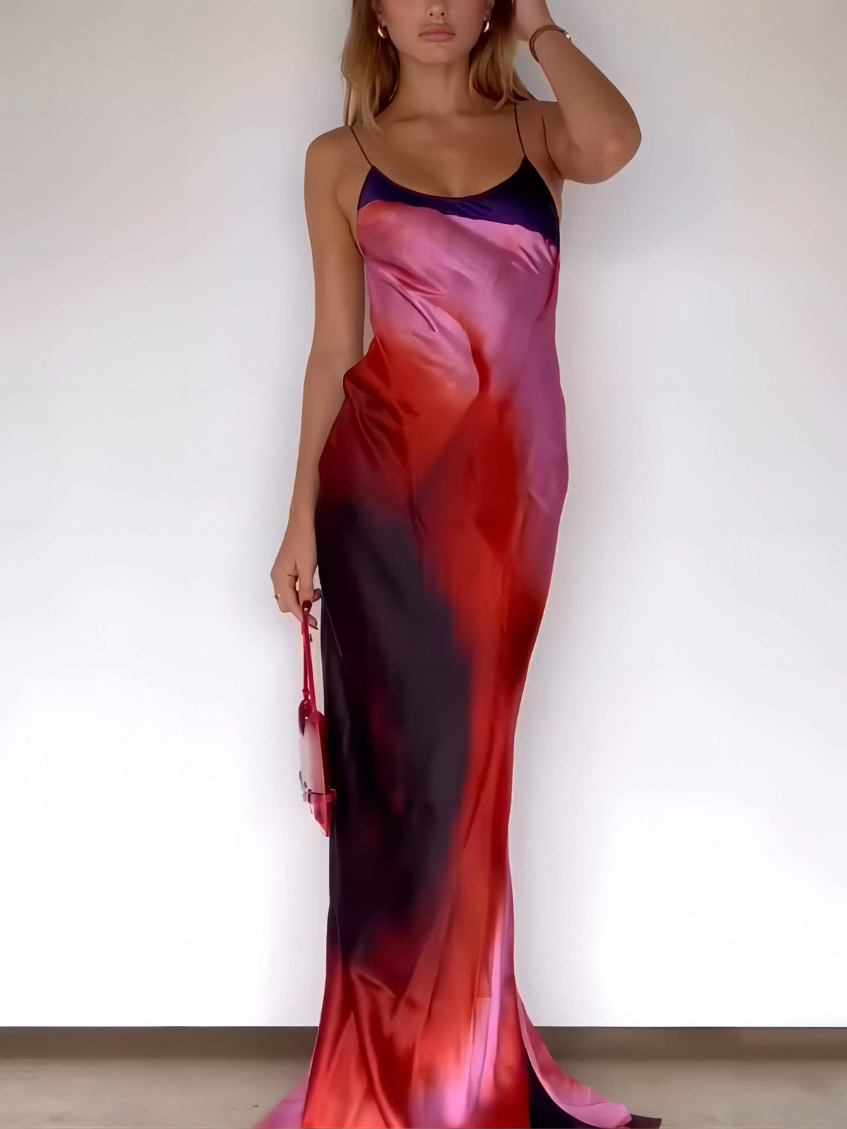 Women's multicoloured abstract maxi dress with spaghetti straps and open back