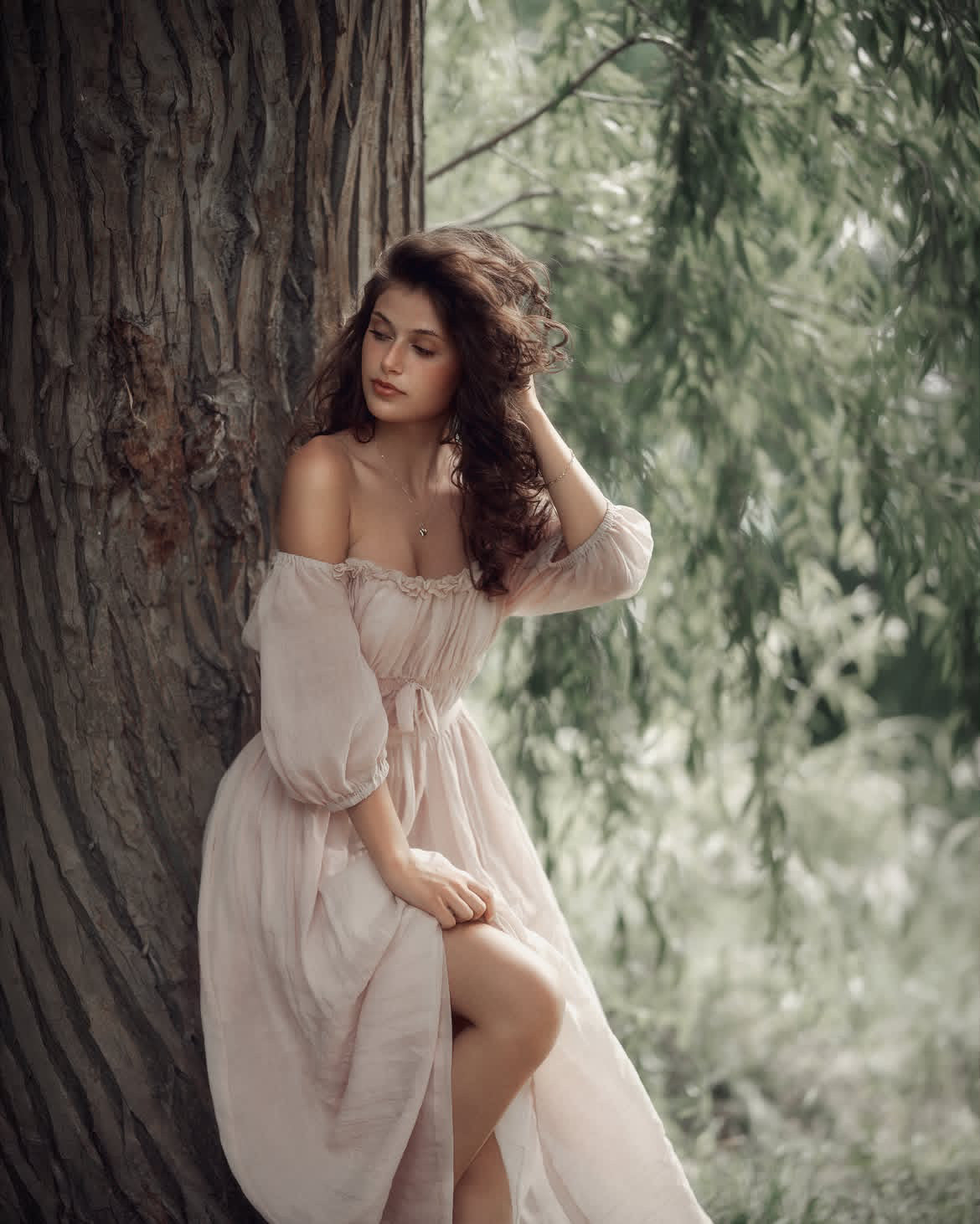 Women's pale pink off-shoulder maxi dress with puff sleeves and tie waist