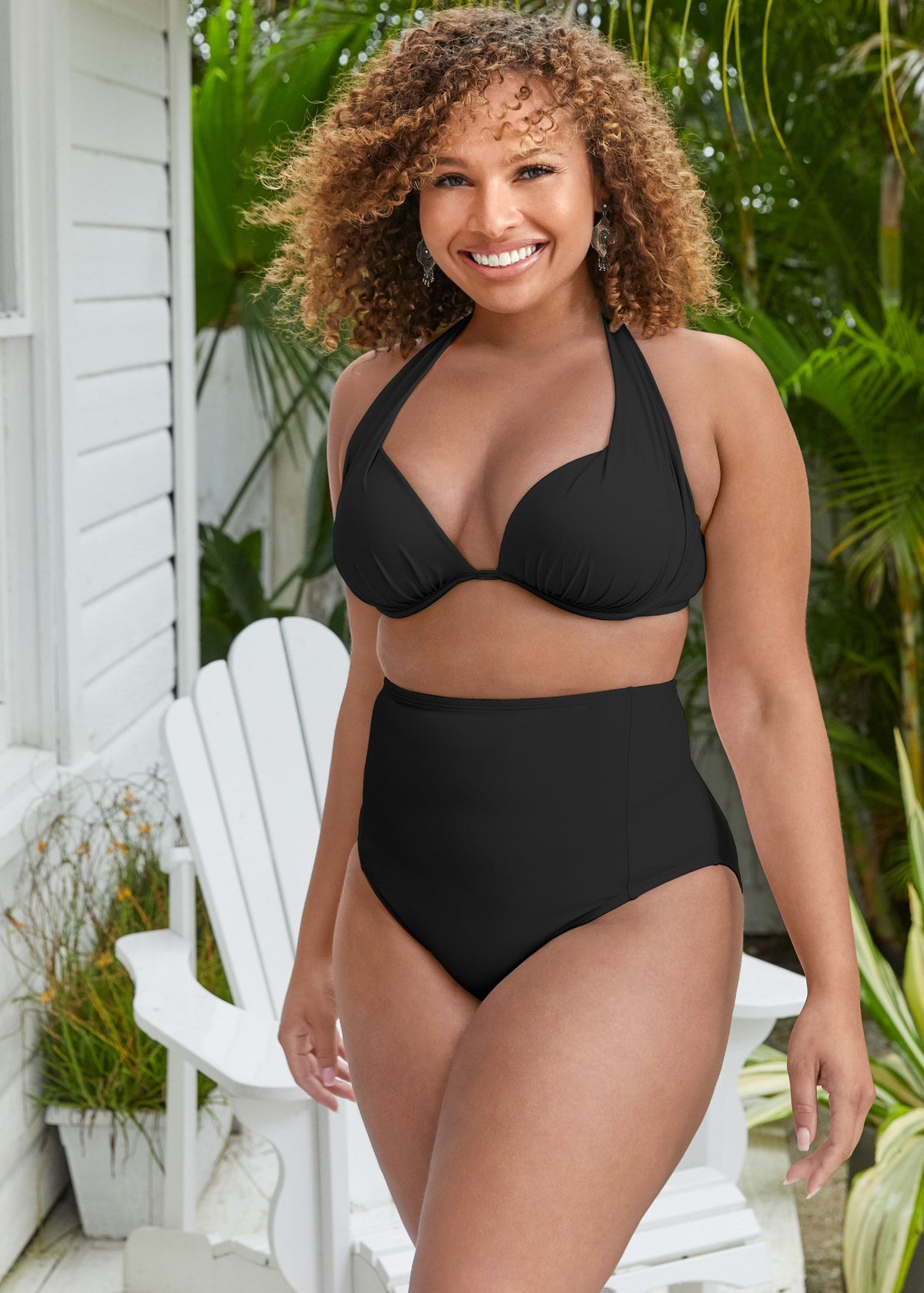 Black halter push-up bikini top with plunging neckline and gathered cups