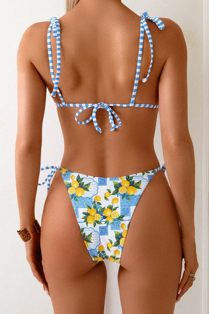 Women's blue lemon print triangle bikini set with tie-side bottoms