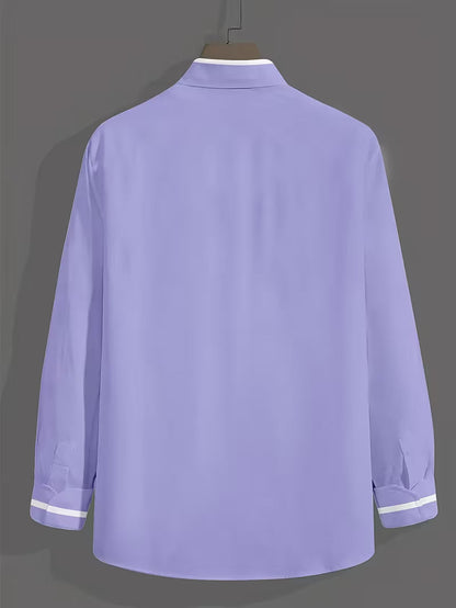 Men's long-sleeve grandad collar shirt with contrast-trim chest pocket