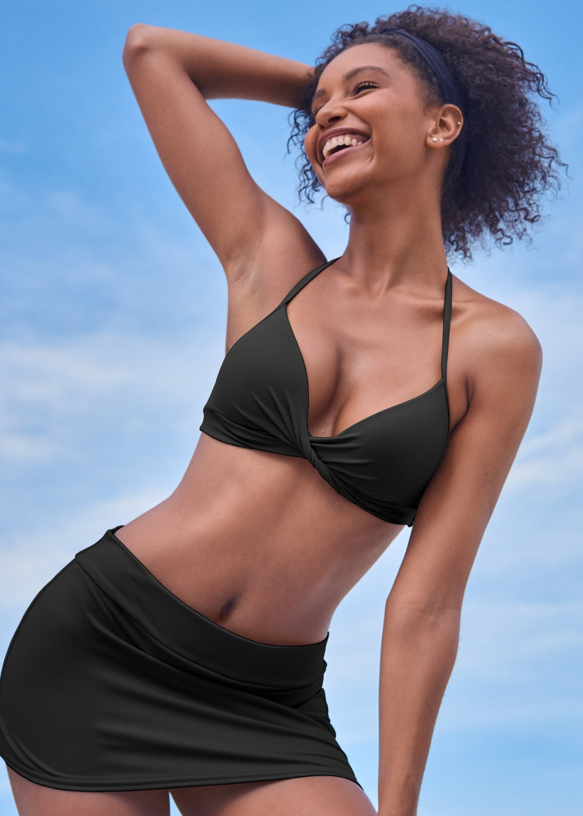 Women's black high-waisted swim bikini skirt with mini length