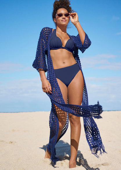 Women's deep blue moderate coverage bikini bottom with mid-rise waist