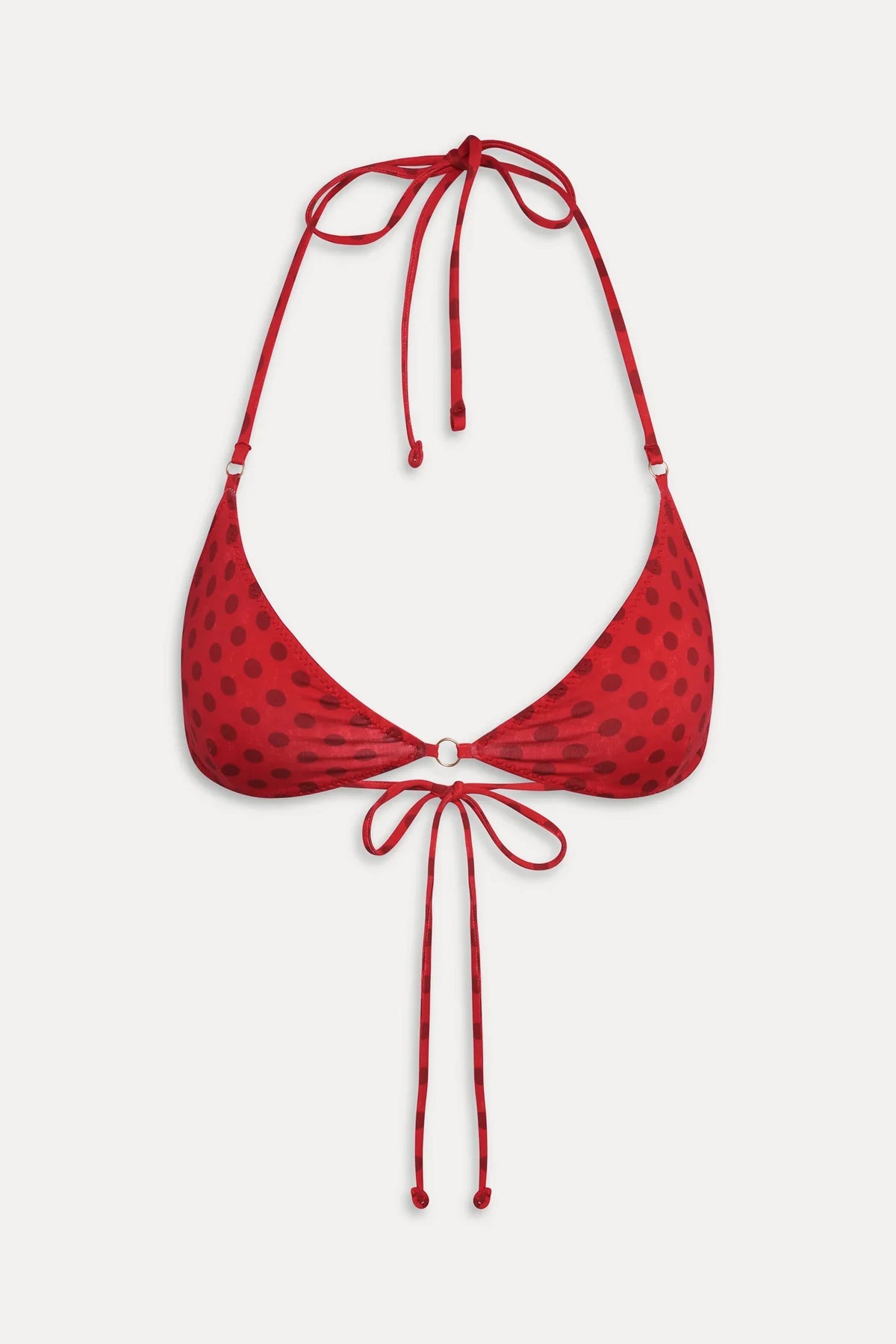 Women's reversible triangle bikini top with red and black polka dot designs