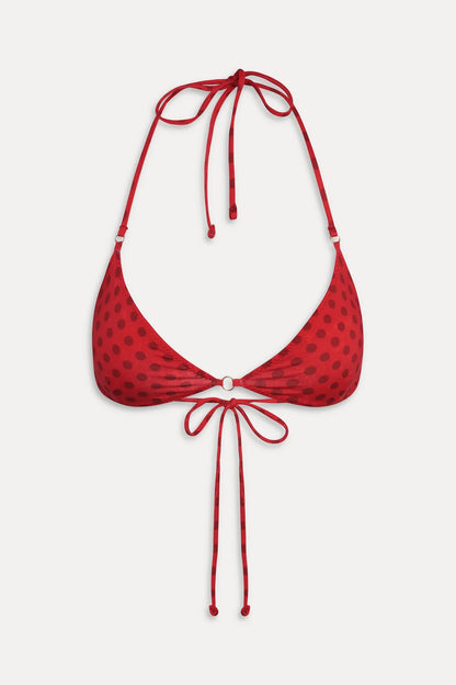 Women's reversible triangle bikini top with red and black polka dot designs