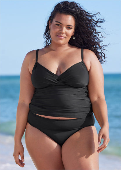 Black moderate coverage bikini bottom with a smooth hip waistband