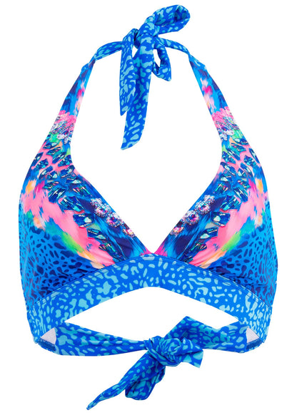 Women's multicoloured abstract halter bikini top with plunging V-neckline
