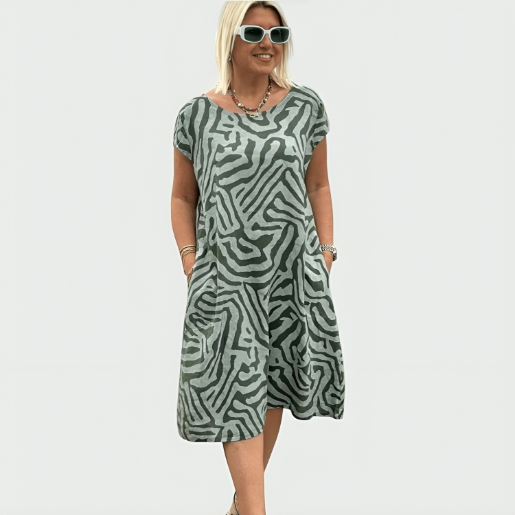Women's abstract print midi dress with short sleeves and side pockets