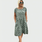 Women's abstract print midi dress with short sleeves and side pockets