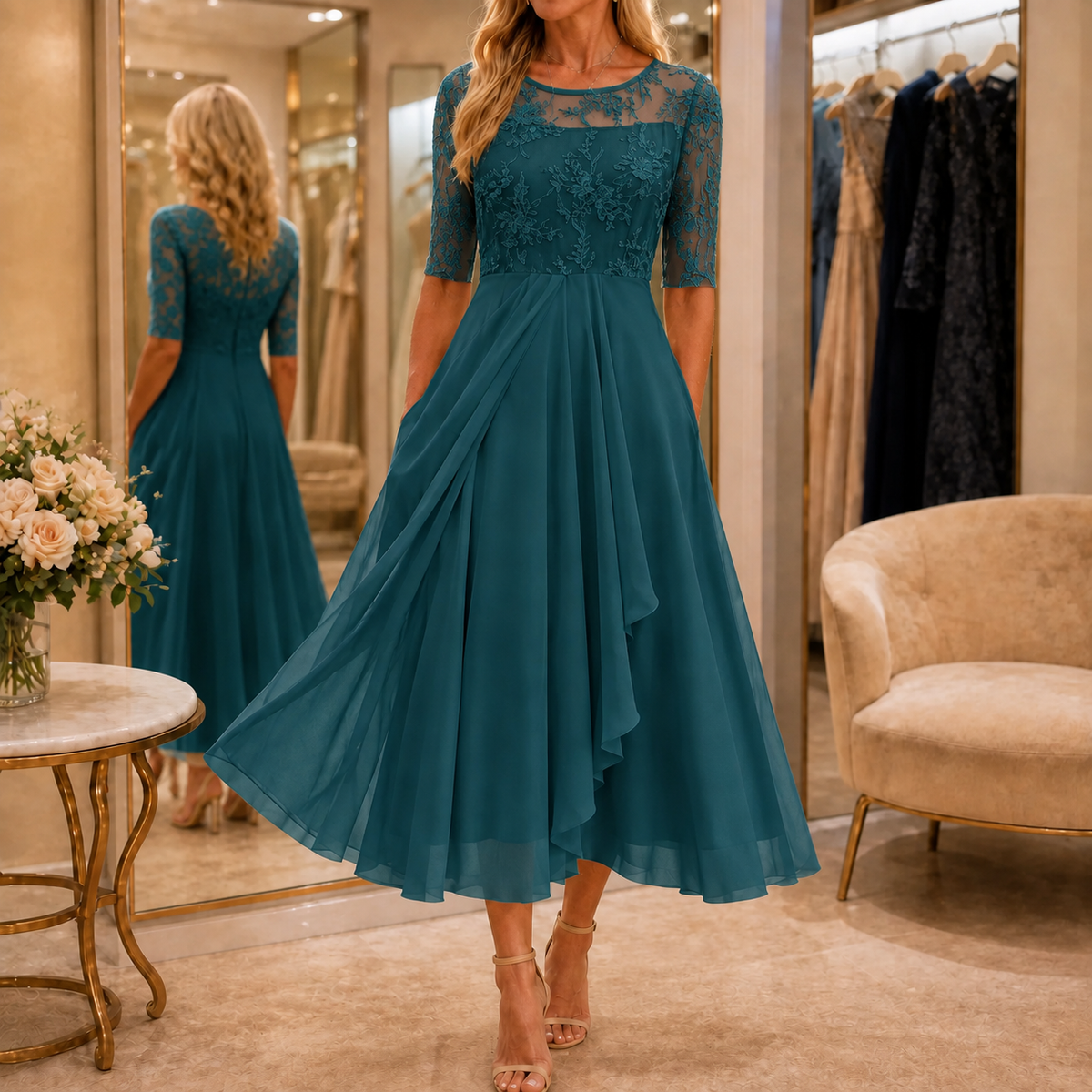 Women's floral lace bodice midi dress with three quarter sleeves and pleated ruffle skirt