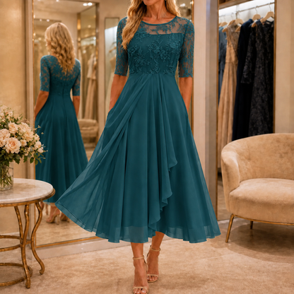 Women's floral lace bodice midi dress with three quarter sleeves and pleated ruffle skirt