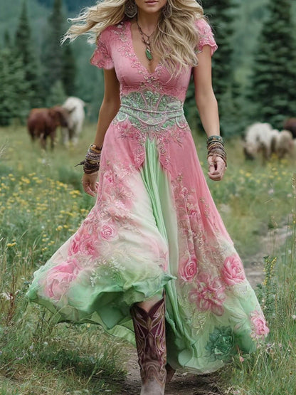 Women's floral V-neck maxi dress with short sleeves and flowing floor-length skirt