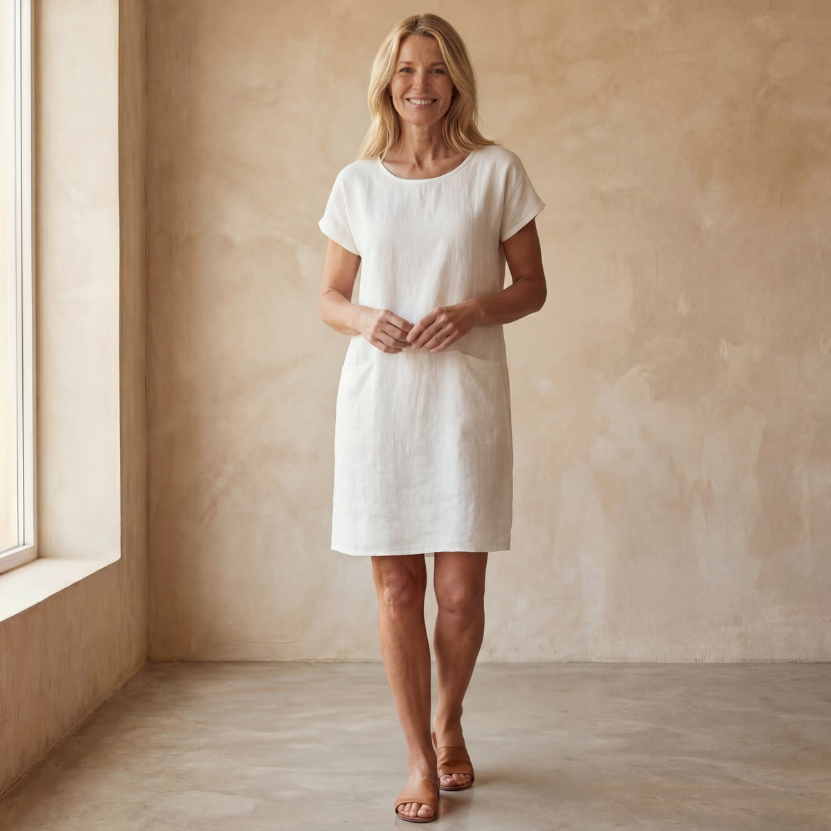 Women's plain short shift dress with round neck, short sleeves and front pockets