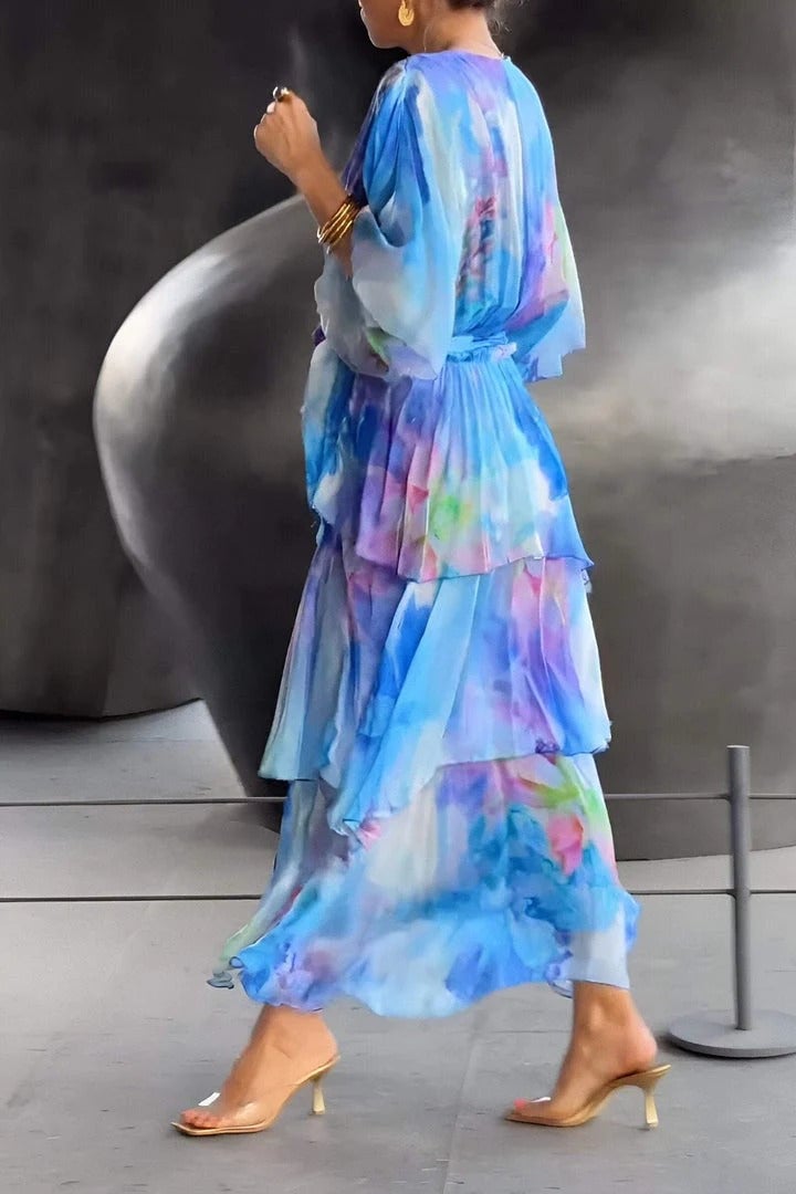 Women's abstract wrap maxi dress with V-neckline, short sleeves and layered ankle-length hem