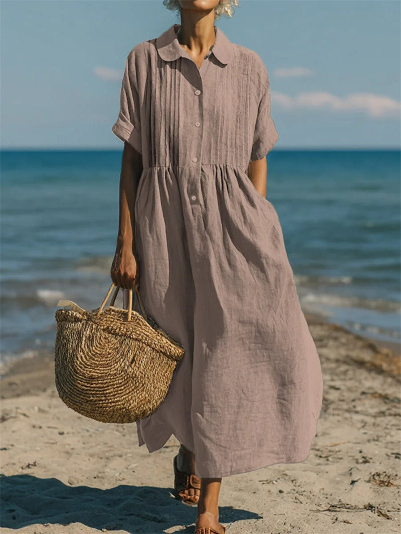 Women's collared button-front midi dress with short sleeves and side pockets