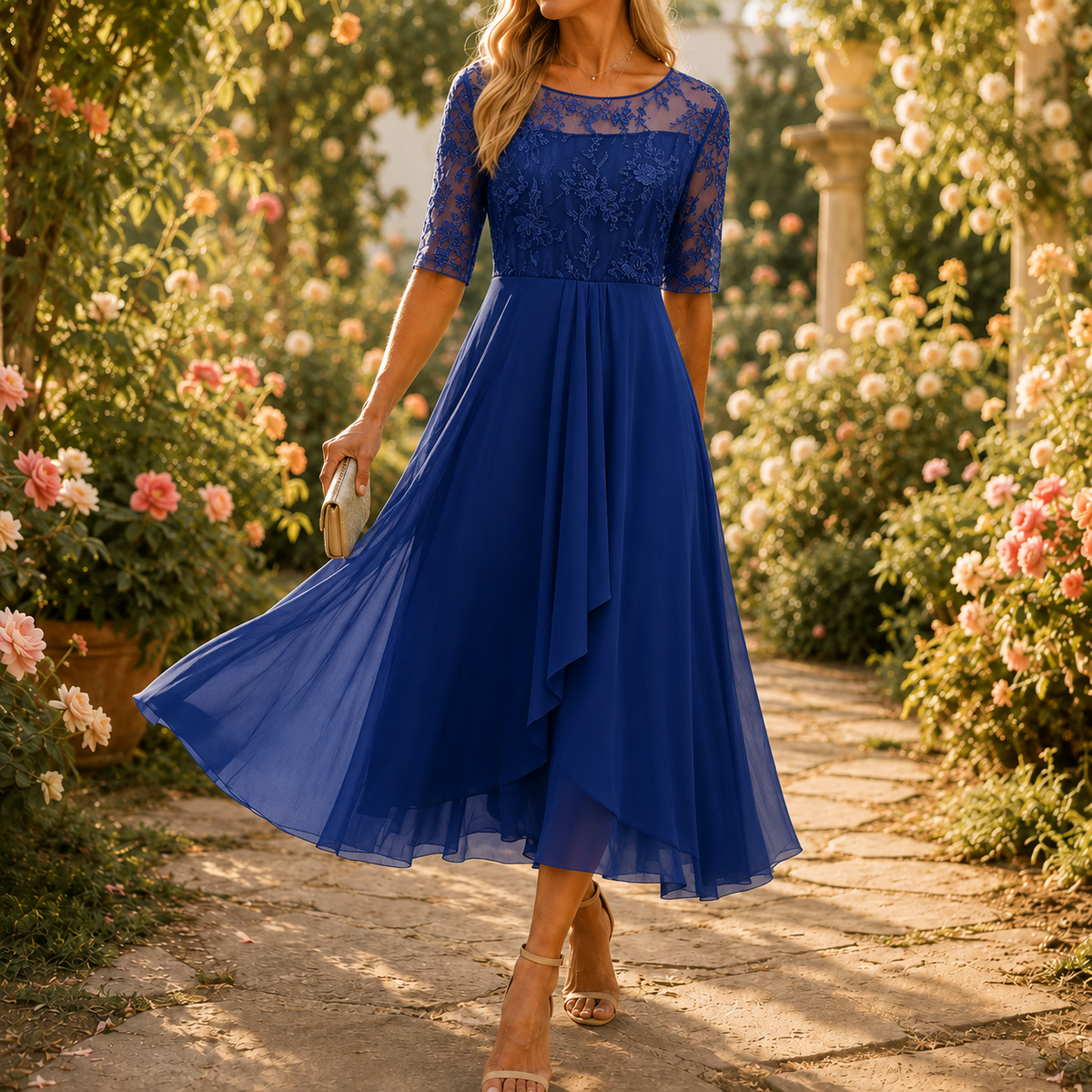 Women's floral lace bodice midi dress with three quarter sleeves and pleated ruffle skirt