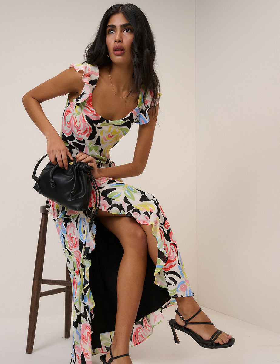 Women's multicoloured floral maxi dress with Bardot neckline and ruffle sleeves