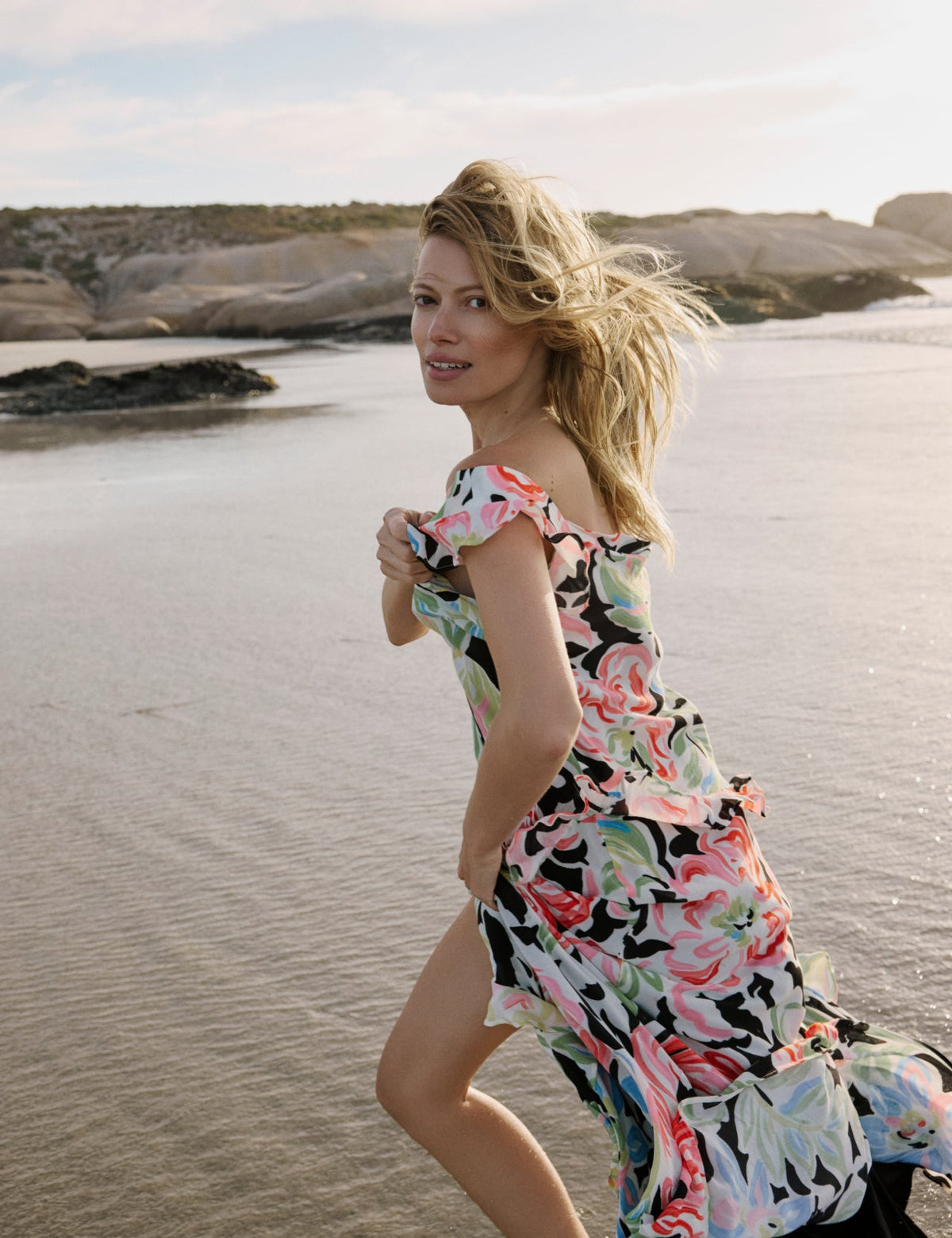 Women's multicoloured floral maxi dress with Bardot neckline and ruffle sleeves