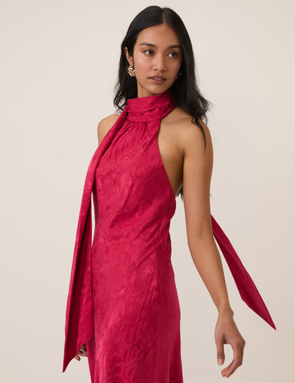 Women's pink sleeveless halter maxi dress with high neck and textured finish