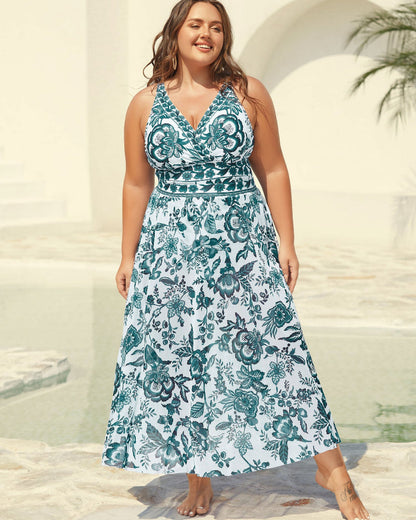 Women's floral V-neck swimsuit with flowing full-length mesh sarong