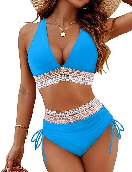 Conjunto de bikini de bloques de color de cintura alta de mujer con top halter