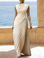 Women's sleeveless mock neck maxi dress with asymmetric pleated skirt