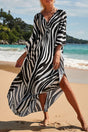 Women's printed pleated swimwear cover up with V-neck and side slits