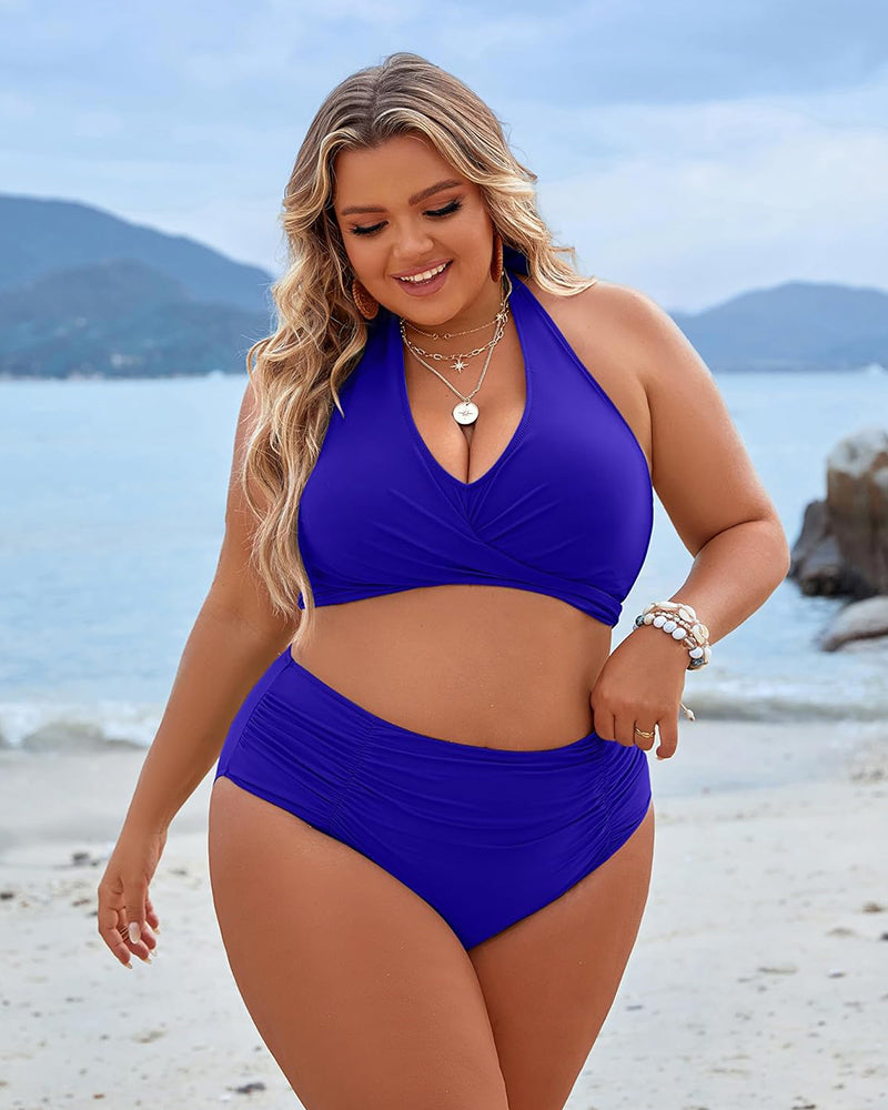 Women's halter bikini set with high-waisted ruched briefs