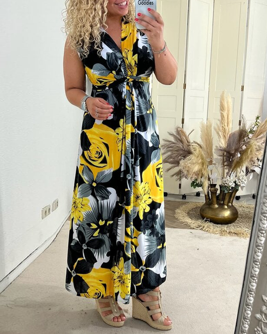 Women's sleeveless floral pleated maxi dress with V-neck and gathered front