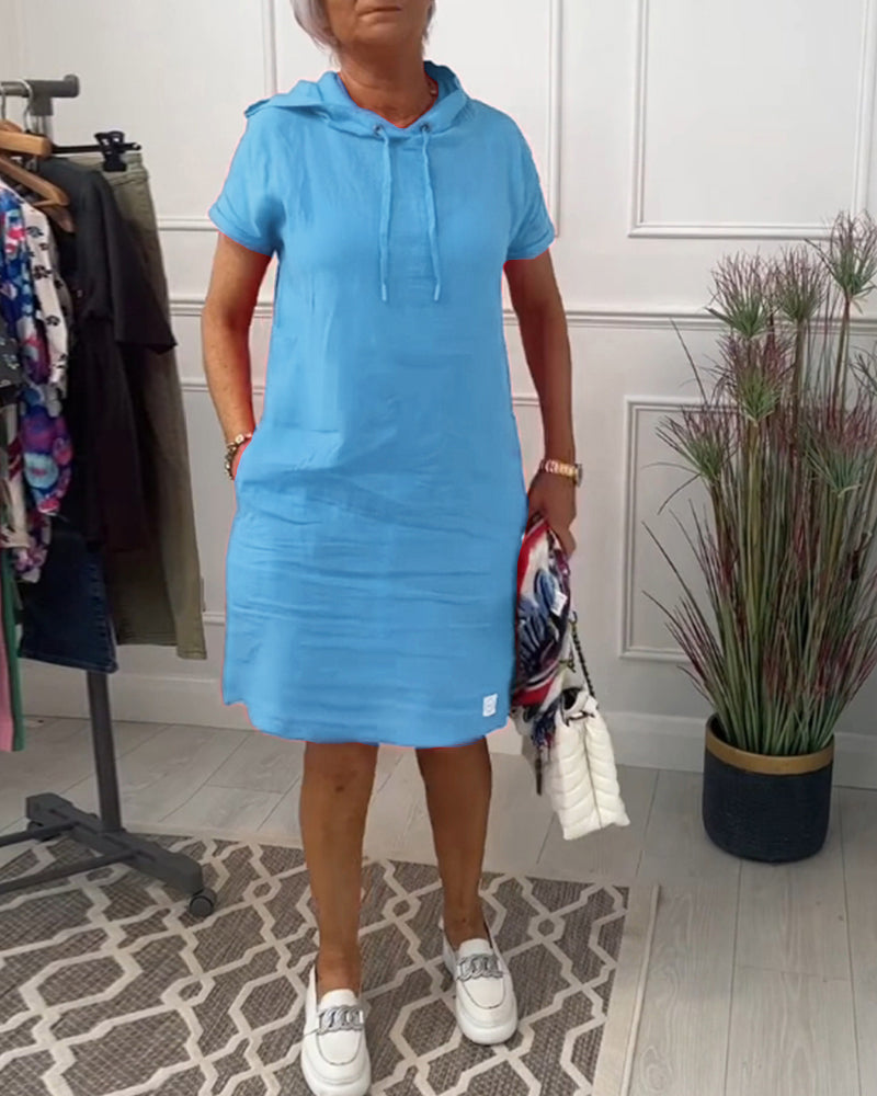 Women's short-sleeved hooded casual dress with front pouch pocket