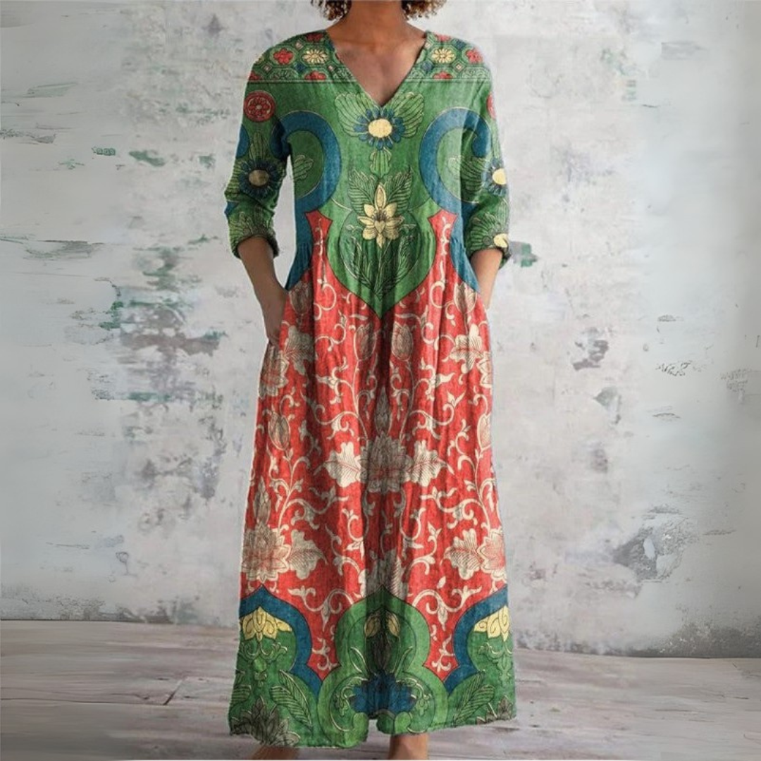 Women's multicoloured floral V-neck maxi dress with three-quarter sleeves
